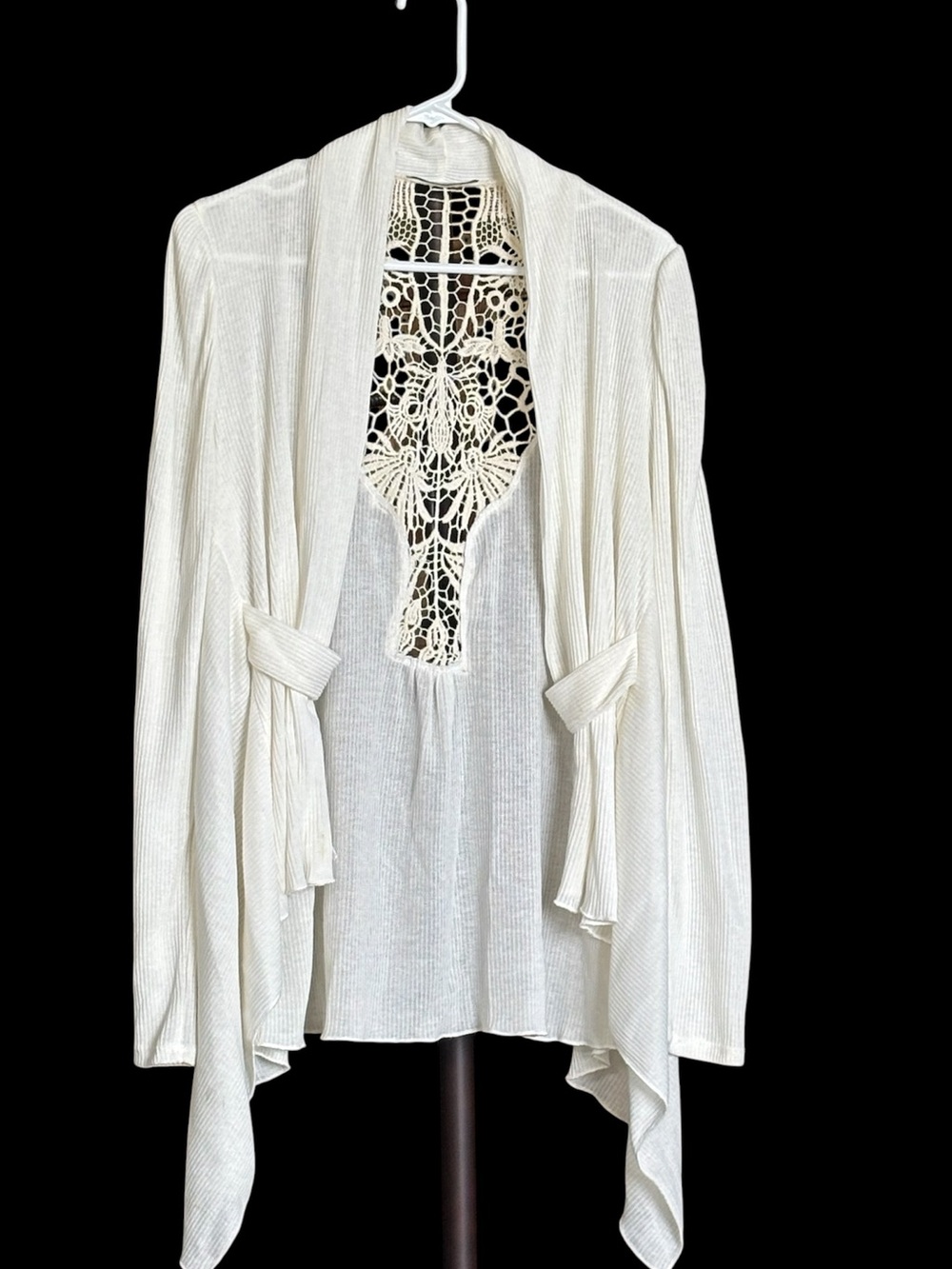 Women's Moa bohemian style soft ribbed sweater with crochet back.